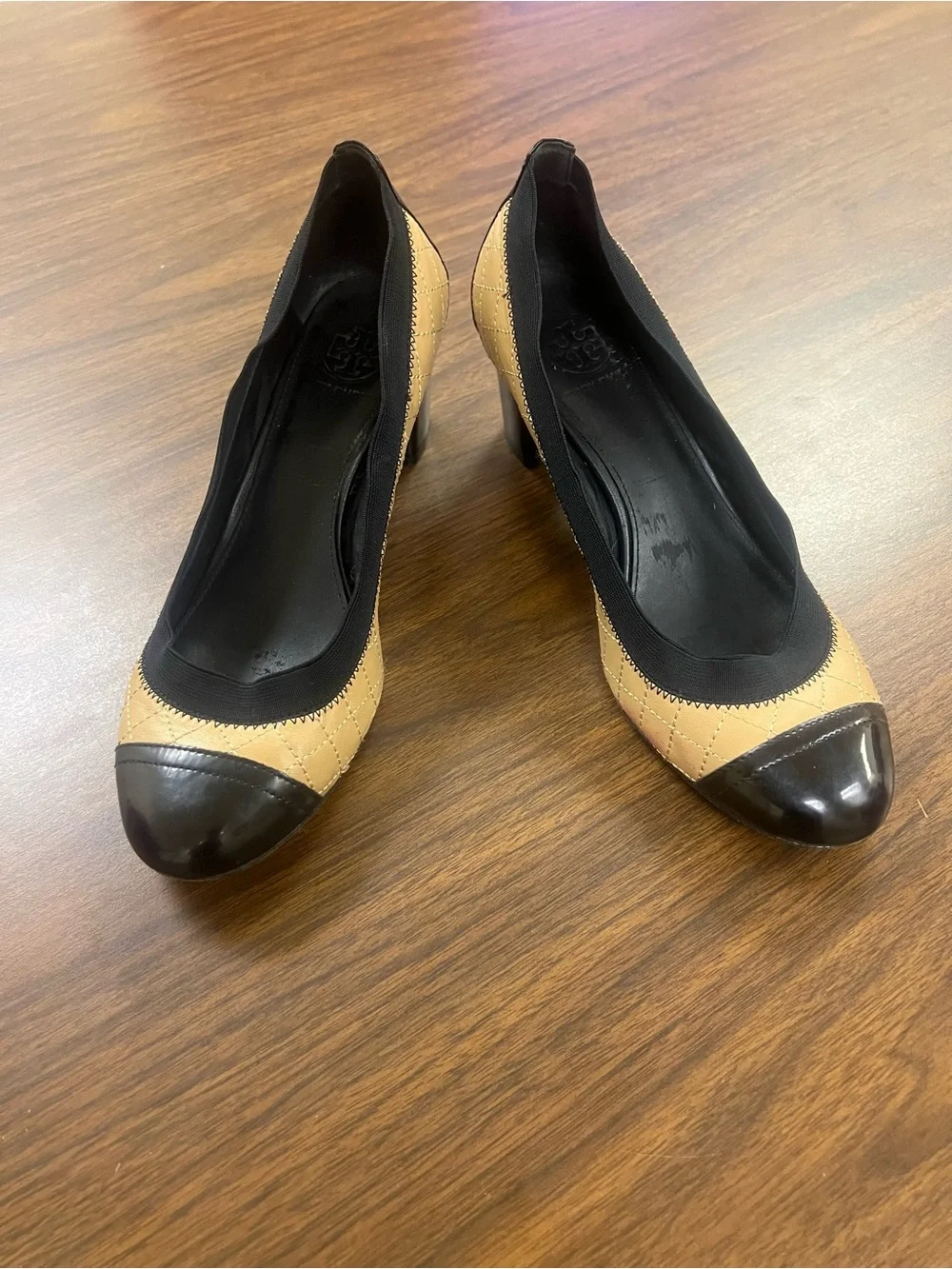 Tory Burch Quilted Two-Tone Block Heel Pumps in Beige and Black